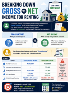 Rent calculator explaining gross vs net income for renting with tax impact and budgeting comparison chart showing how net income affects rent affordability.
