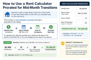 Rent calculator showing prorated rent formula for mid-month move-in, dividing monthly rent by days in month and multiplying by occupancy days to calculate fair rent