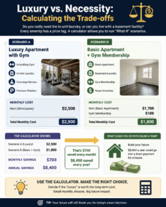 Luxury vs necessity comparison showing rent calculator results between a high-cost luxury apartment with gym and a budget apartment with gym membership, highlighting monthly and yearly savings for smarter financial decisions.