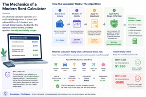 Rent calculator infographic showing how a modern rent calculator works using gross income, monthly conversion, tax adjustment, and 30% safety margin to determine affordable rent and financial stress test