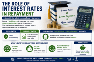 Infographic explaining how interest rates impact educational loan repayment including fixed and variable student loan rates