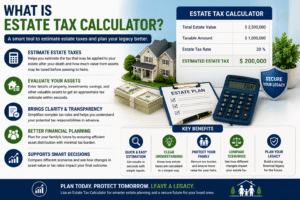 Infographic explaining capital gain tax on real estate with estate tax calculator property assets and tax planning concepts