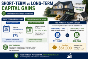 Infographic comparing short term vs long term capital gain tax on real estate with tax savings examples for property investors