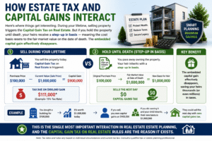 Infographic explaining how estate tax and capital gain tax on real estate interact with step up in basis benefits for heirs