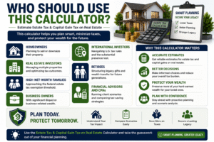 Infographic showing who should use a capital gain tax on real estate calculator including homeowners investors retirees and financial advisors