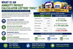 Infographic explaining annuity payout calculator lottery tool with Powerball Mega Millions annuity payments taxes and payout estimates