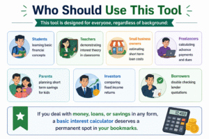 Simple Interest Calculator infographic showing students, teachers, business owners, freelancers, parents, investors, and borrowers using an online interest calculation tool for loans and savings.
