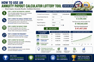 Step by step infographic showing how to use an annuity payout calculator lottery tool for estimating lottery annuity payments taxes and payout schedules