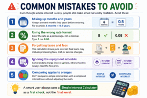 Simple Interest Calculator mistakes infographic explaining common errors like mixing months and years, wrong interest rate format, ignoring fees, repayment schedules, and comparing simple vs compound interest.