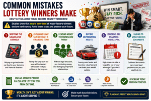 Infographic showing common mistakes lottery winners make including poor tax planning overspending and ignoring annuity payout calculator lottery tools