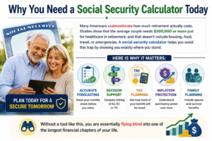 Social Security Calculator infographic explaining retirement planning benefits including accurate forecasting, tax planning, inflation protection, family benefits, and retirement income estimation.