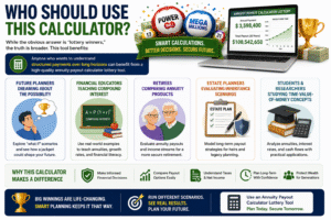 Infographic showing who should use an annuity payout calculator lottery tool including retirees students estate planners and financial educators