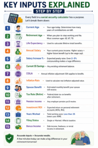 Social Security Calculator infographic explaining key retirement planning inputs like current age, retirement age, salary, inflation rate, spouse benefits, pension income, and investment ROI.