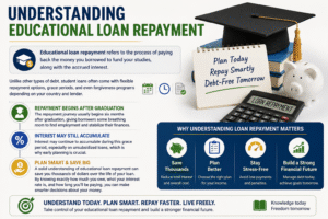 Student planning educational loan repayment with graduation cap calculator and financial repayment strategy infographic