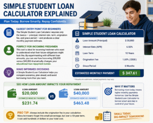 Student using a simple student loan calculator to estimate educational loan repayment costs monthly payments and interest rates