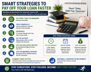 Infographic showing smart strategies for faster educational loan repayment including refinancing autopay avalanche and snowball methods