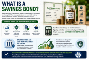 Infographic explaining savings bonds and how a savings bond estimator helps calculate bond value interest and long term returns