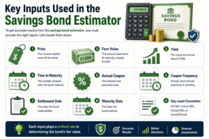 Infographic showing key inputs used in a savings bond estimator including price yield coupon rate maturity date and bond value calculations