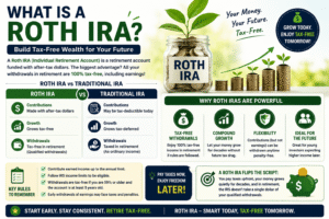 Infographic explaining Roth IRA benefits and how a Roth IRA Calculator helps estimate tax free retirement savings growth