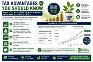 Infographic explaining Roth IRA tax advantages and how a Roth IRA Calculator estimates tax free retirement growth and withdrawals