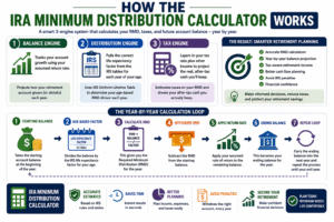 Infographic explaining how an IRA Minimum Distribution Calculator works using IRS factors retirement balances return rates and tax calculations