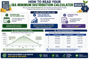 Infographic explaining how to read IRA Minimum Distribution Calculator results including estimated RMD taxes lifetime withdrawals and balance projections