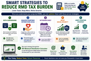 Infographic showing smart strategies to reduce taxes using an IRA Minimum Distribution Calculator including Roth conversions QCDs and retirement tax planning