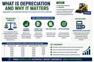 Infographic explaining depreciation methods and how a Depreciation Calculator helps track asset value tax calculations and financial reporting