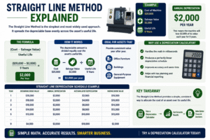 Infographic explaining the straight line depreciation method using a Depreciation Calculator with formula examples and yearly depreciation schedule