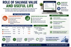 Infographic explaining salvage value and useful life using a Depreciation Calculator with depreciation formulas and accounting examples
