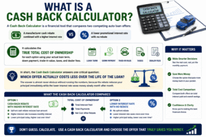 Infographic explaining how a Cash Back Calculator compares auto loan rebates and low interest financing to find the lowest total loan cost