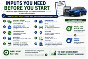 Infographic showing required inputs for a Cash Back Calculator including rebate amount loan term APR down payment taxes and dealer fees