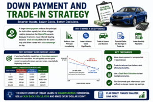Infographic explaining down payment and trade in strategies using a Cash Back Calculator to reduce auto loan costs and interest payments