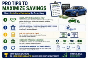 Infographic showing pro tips to maximize savings using a Cash Back Calculator including negotiating price, pre-approval, running multiple scenarios, and stacking incentives