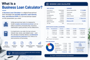 Business Loan Calculator infographic showing EMI calculation, APR, amortization schedule, balloon payment, loan fees, and commercial loan payment summary dashboard.