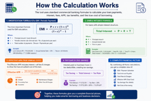 Business Loan Calculator infographic explaining EMI formula, amortization calculation, simple interest formula, effective APR, tax shield, and commercial loan repayment breakdown.