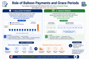 Business Loan Calculator infographic explaining balloon payments, grace periods, lower monthly installments, loan repayment comparison, interest impact, and commercial loan planning.
