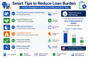 Business Loan Calculator infographic showing smart strategies to reduce loan burden, lower interest costs, improve cash flow, avoid balloon payments, and save money on commercial loans.