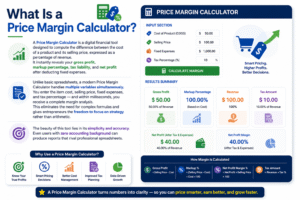 Price Margin Calculator infographic showing gross profit, markup percentage, tax calculation, net profit margin, pricing analysis dashboard, and business profitability metrics.