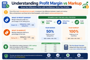 Price Margin Calculator infographic explaining the difference between profit margin and markup with formulas, pricing examples, percentage comparison, and business pricing strategy insights.