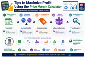 Price Margin Calculator infographic showing smart profit optimization strategies including supplier comparison, weekly pricing analysis, product bundling, competitor tracking, and promotion planning.