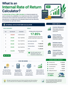 Internal Rate of Return Calculator infographic showing IRR formula, investment cash flow analysis, ROI comparison, and profitability calculation example.