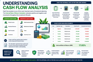 Internal Rate of Return Calculator infographic explaining positive and negative cash flow analysis, IRR calculation process, investment profitability, and financial planning.