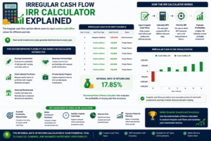 Internal Rate of Return Calculator infographic showing irregular cash flow analysis, custom cash inflows, IRR calculation process, and investment profitability comparison.