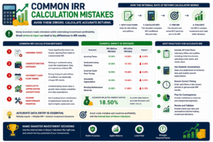 Internal Rate of Return Calculator infographic showing common IRR calculation mistakes including taxes, expenses, cash flow timing, and maintenance reserve errors.