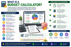 Budget Calculator infographic showing monthly income, expense tracking, savings planning, debt payments, and personal finance management categories.