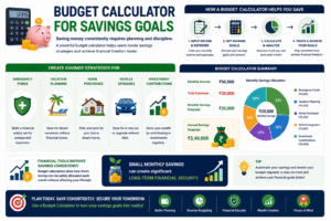 Budget Calculator infographic showing savings goal planning for emergency funds, vacations, home purchases, vehicle upgrades, and investment contributions.