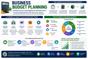 Business Budget Calculator infographic showing employee salaries, office expenses, marketing costs, inventory purchases, operational overhead, and financial forecasting.