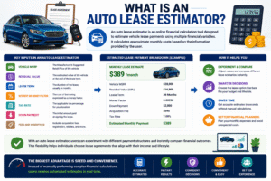 Auto Lease Estimator infographic showing car lease payment calculation, vehicle MSRP, residual value, lease term, taxes, down payment, and monthly payment estimate.