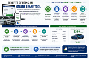 Auto Lease Estimator infographic showing benefits of online lease tools including fast results, budget planning, financial awareness, mobile accessibility, and lease comparison features.